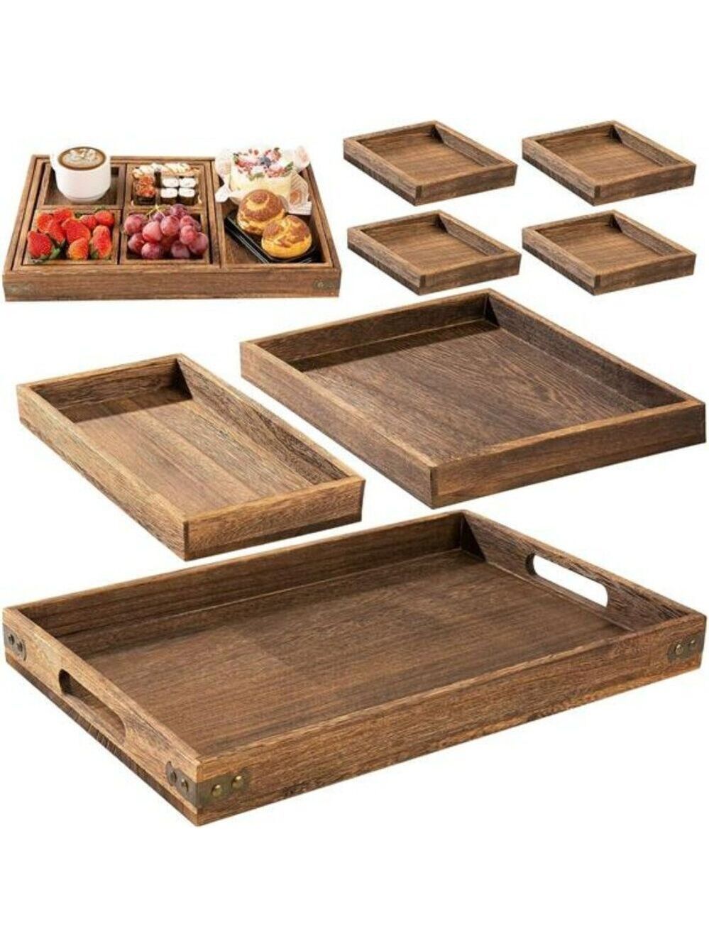 Yangbaga Rustic Wooden Serving Tray Set Decorative Nesting Platters with Handles